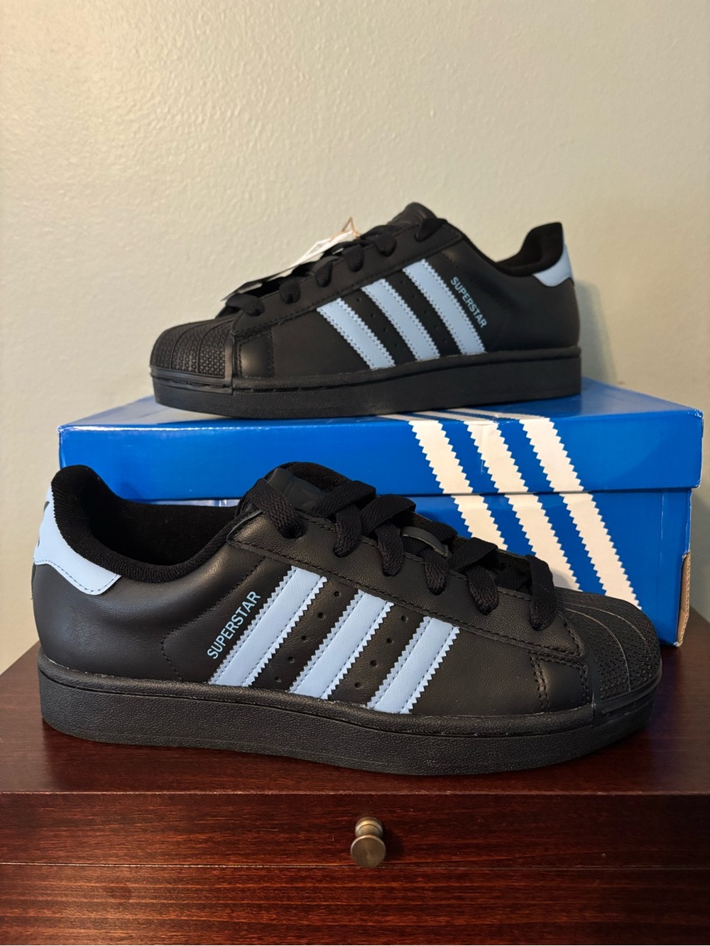 Adidas Women’s Superstar II Sneakers - Black with Light Blue Stripes